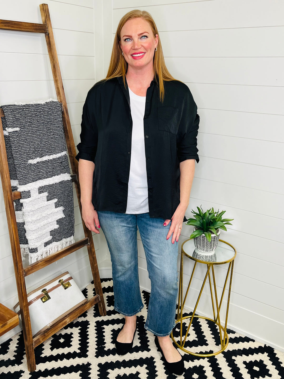 Black Satin Tunic Button Up