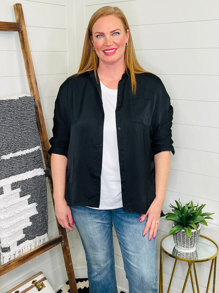 Black Satin Tunic Button Up