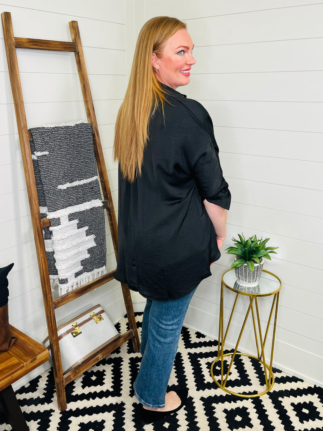 Black Satin Tunic Button Up