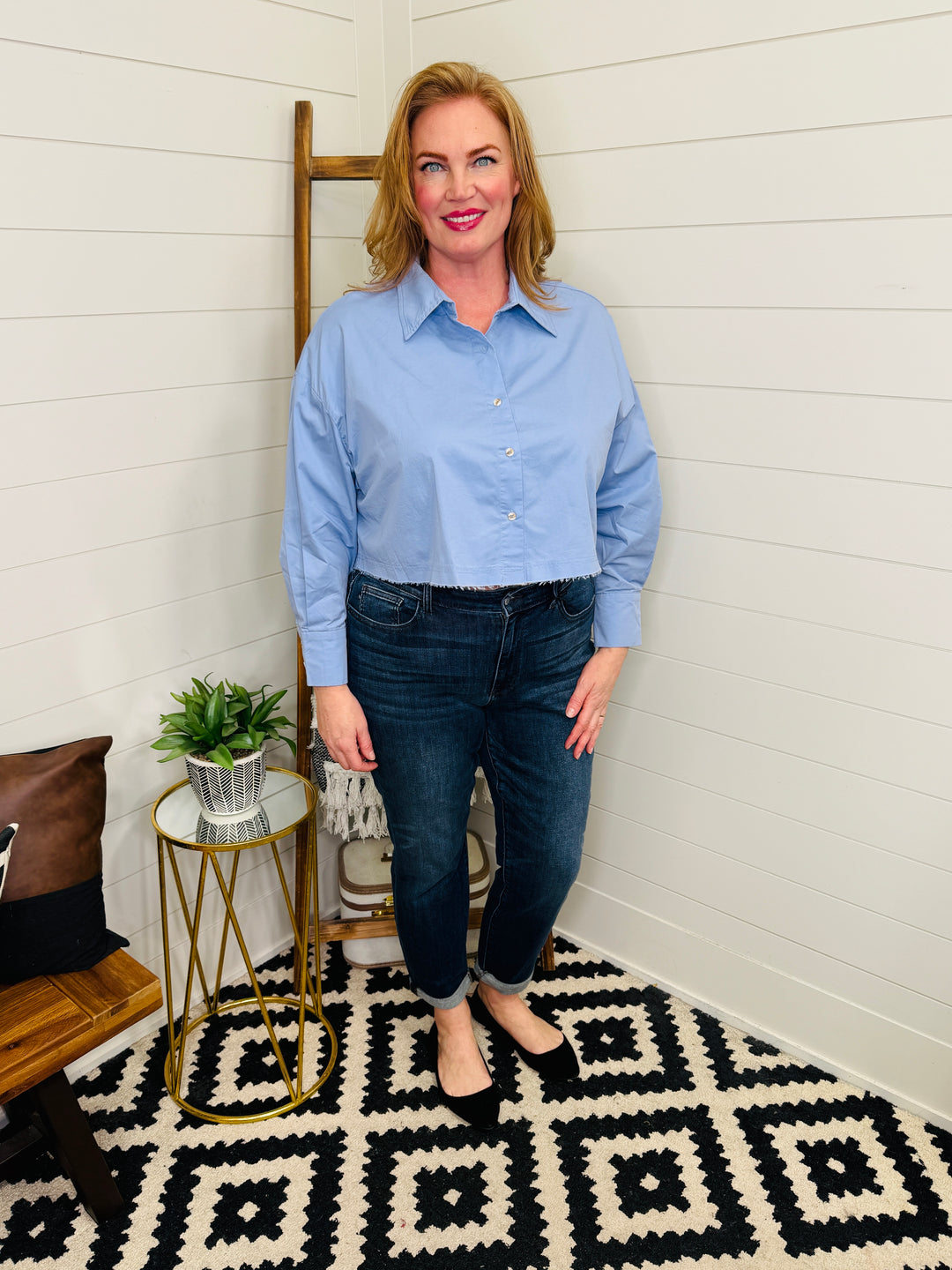 Cropped Frayed Edge Button Up