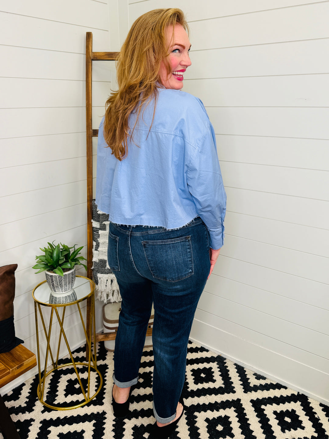 Cropped Frayed Edge Button Up