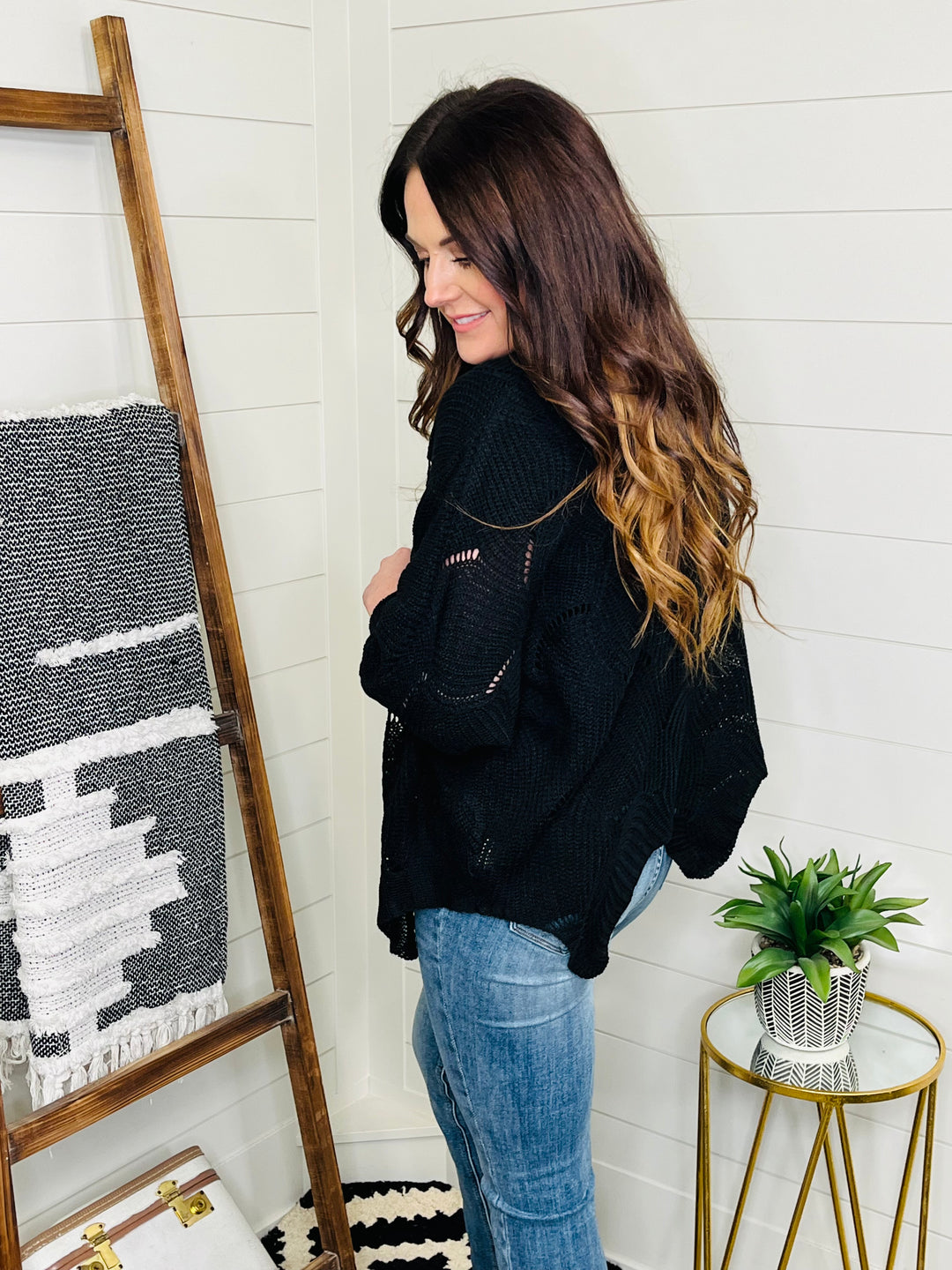 New Color! Love Lindsey Timeless Black Scallop Knit Sweater