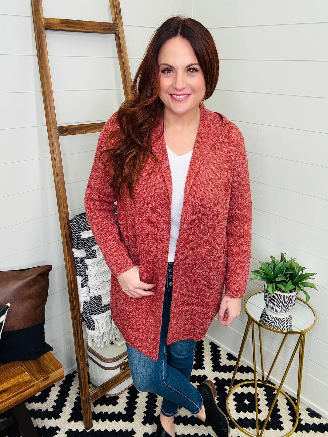 Hannah Hooded Sweater Cardigan: Rust