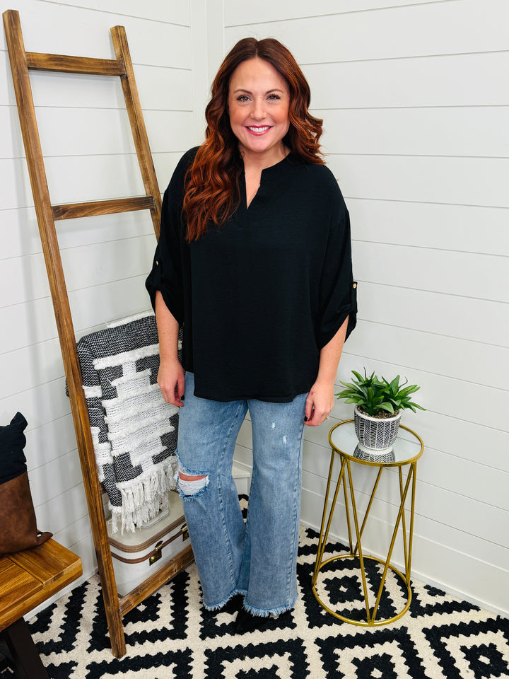 Notched Black Woven Top