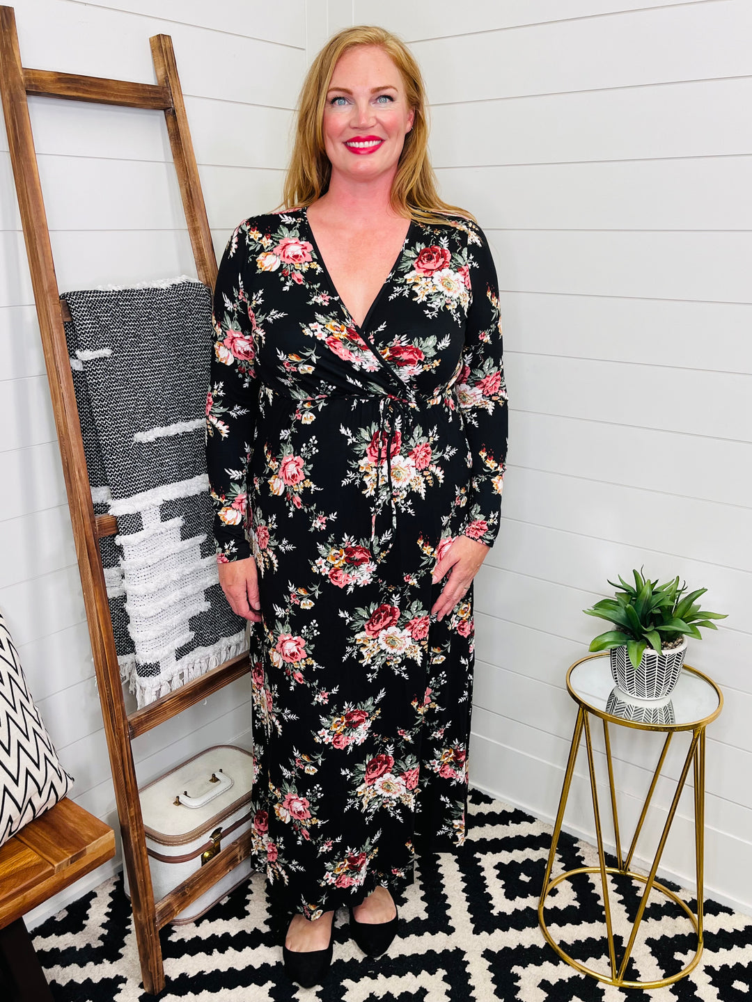 Faux Wrap Long Sleeve Floral Maxi Dress
