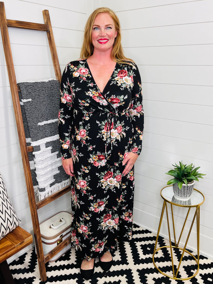 Faux Wrap Long Sleeve Floral Maxi Dress