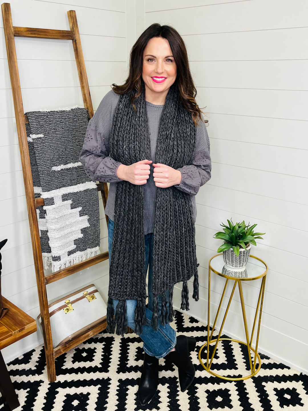 Charcoal Chunky Knit Fringe Scarf