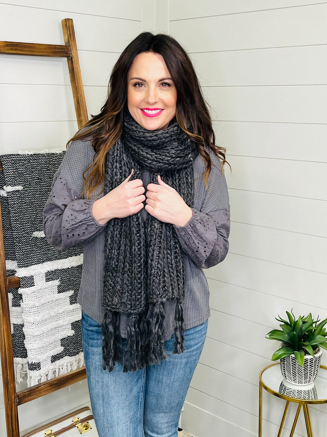 Charcoal Chunky Knit Fringe Scarf