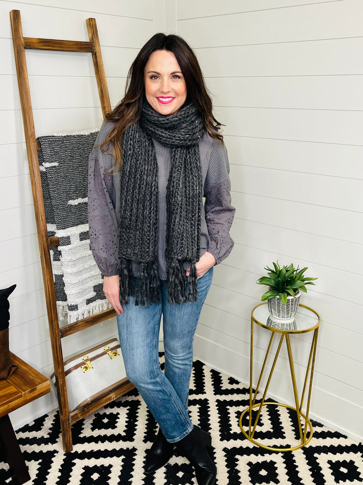 Charcoal Chunky Knit Fringe Scarf