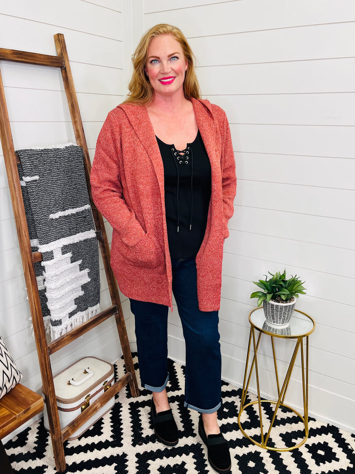 Hannah Hooded Sweater Cardigan: Rust
