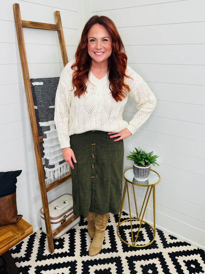 Green Corduroy Button Front Skirt