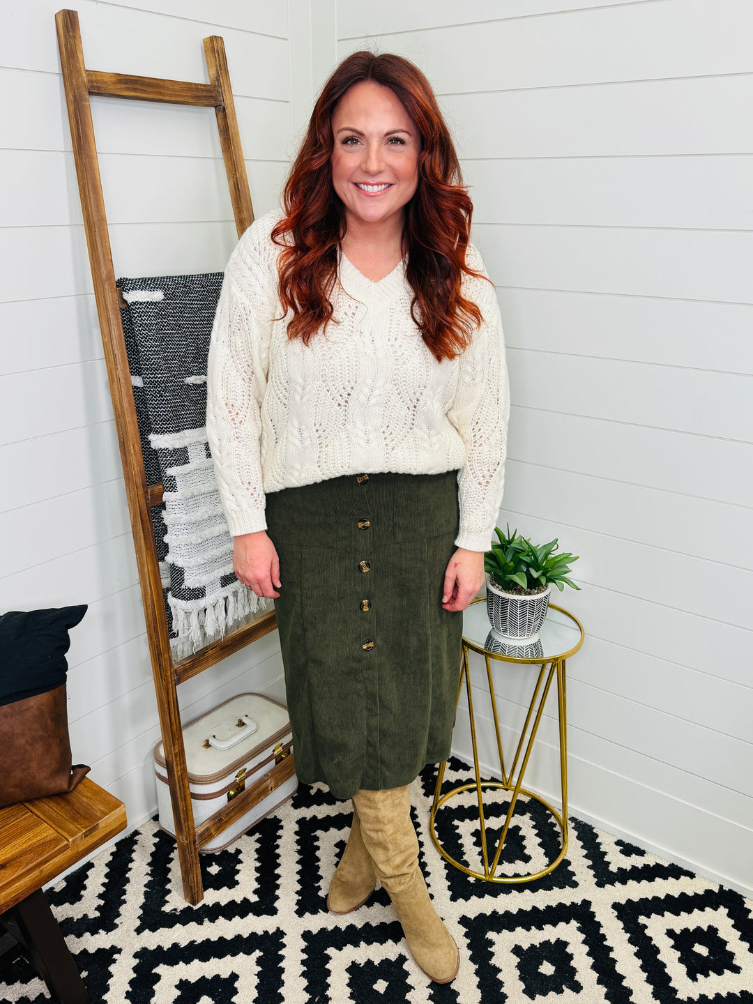 Green Corduroy Button Front Skirt