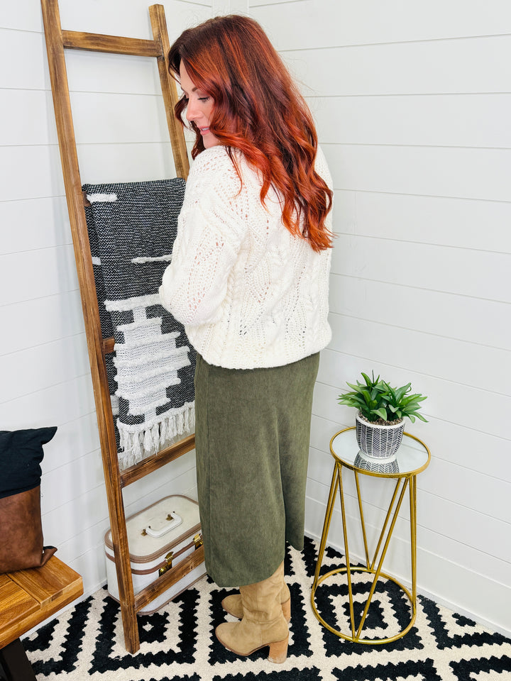 Green Corduroy Button Front Skirt
