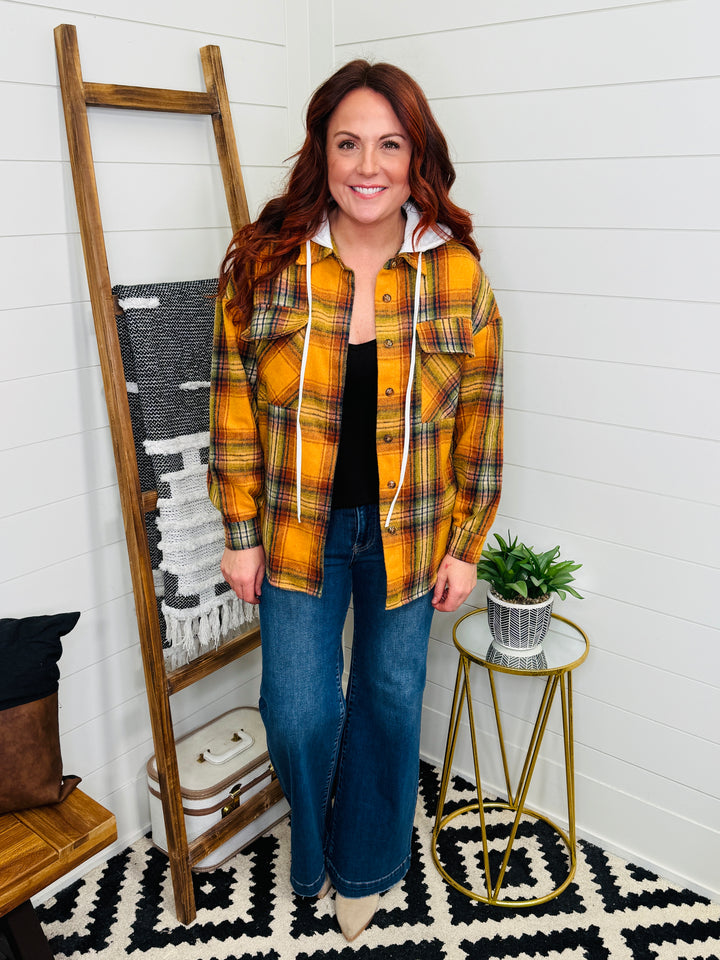 Drawstring Plaid Hooded Shacket