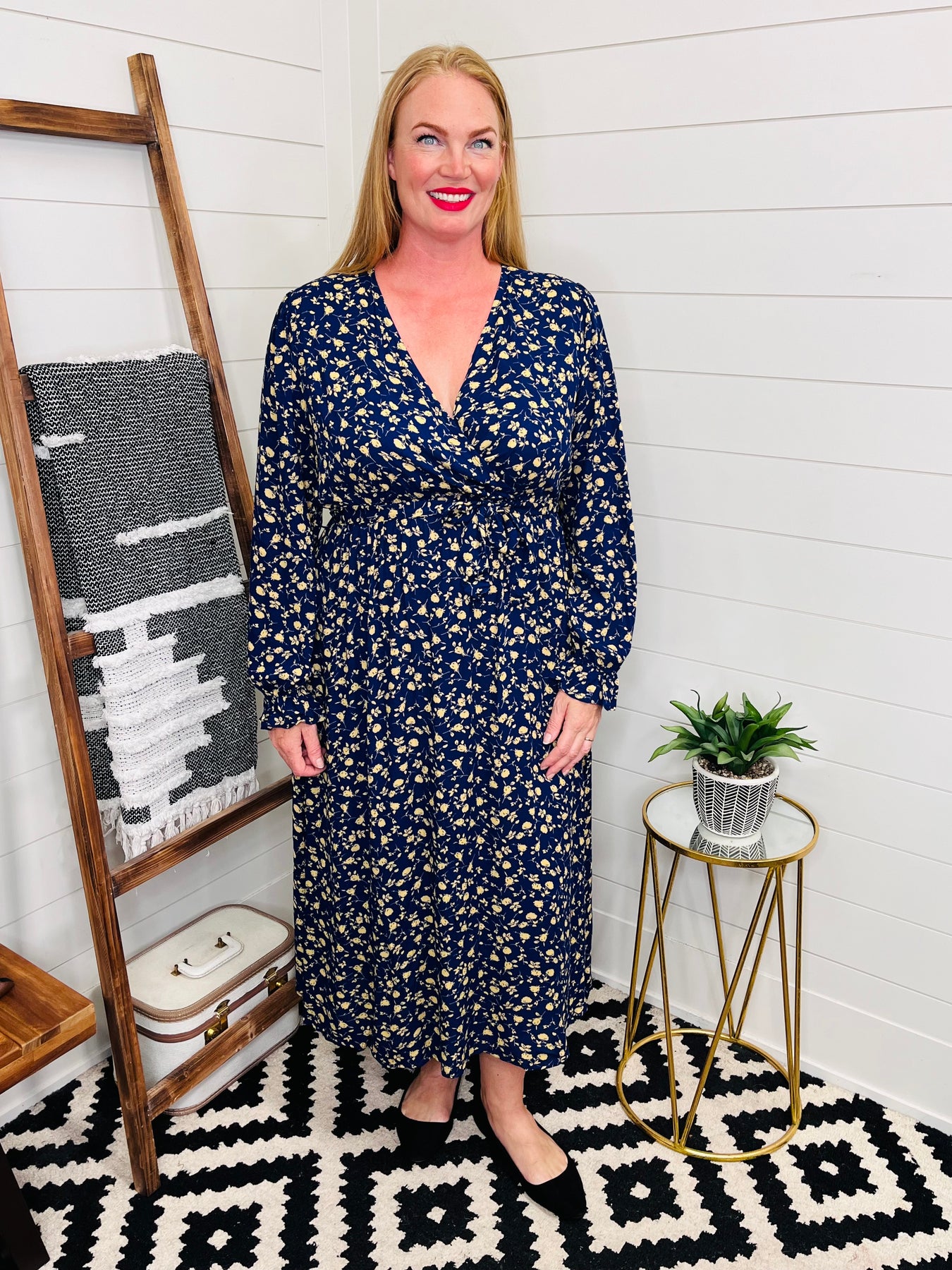 Navy Faux Wrap Flounce Sleeve Floral Midi Dress LoveLindsey Navy Faux Wrap Flounce Sleeve Floral Midi Dress LoveLindsey