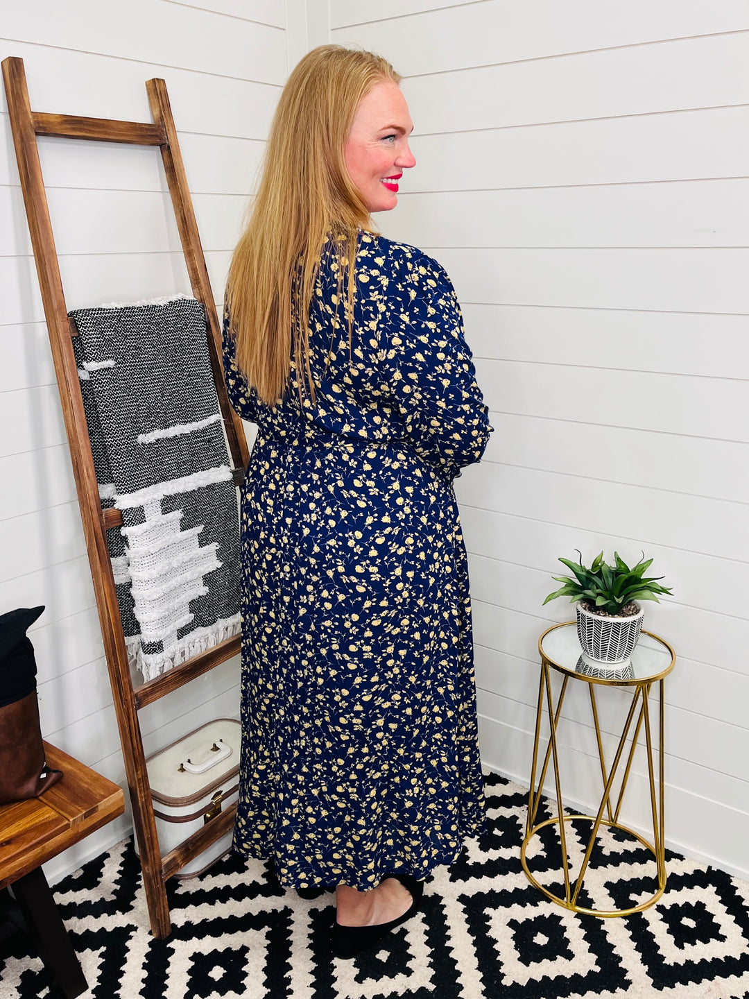 Navy Faux Wrap Flounce Sleeve Floral Midi Dress LoveLindsey Navy Faux Wrap Flounce Sleeve Floral Midi Dress LoveLindsey