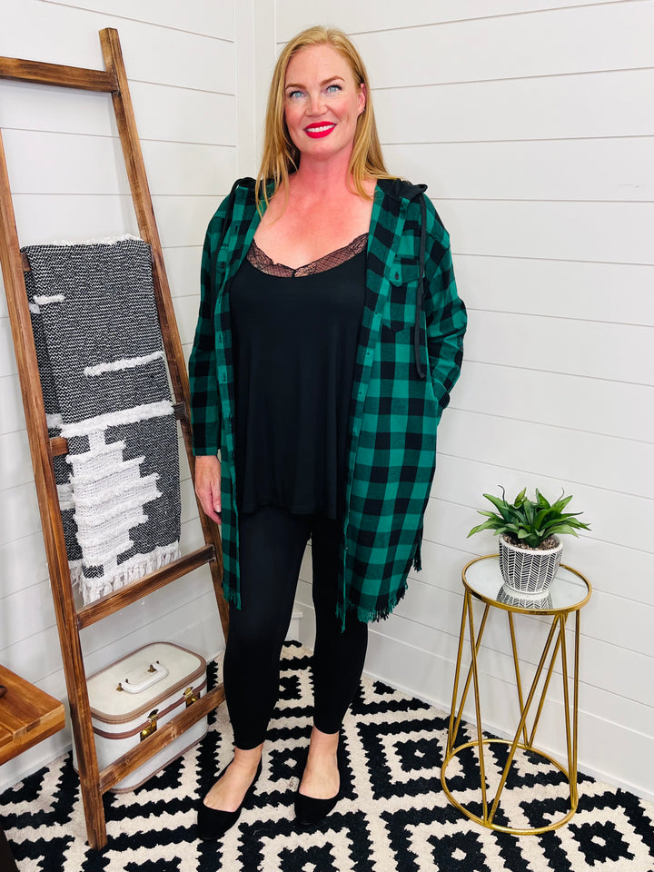 Risen Green Plaid Hooded Longline Shacket w/ pockets