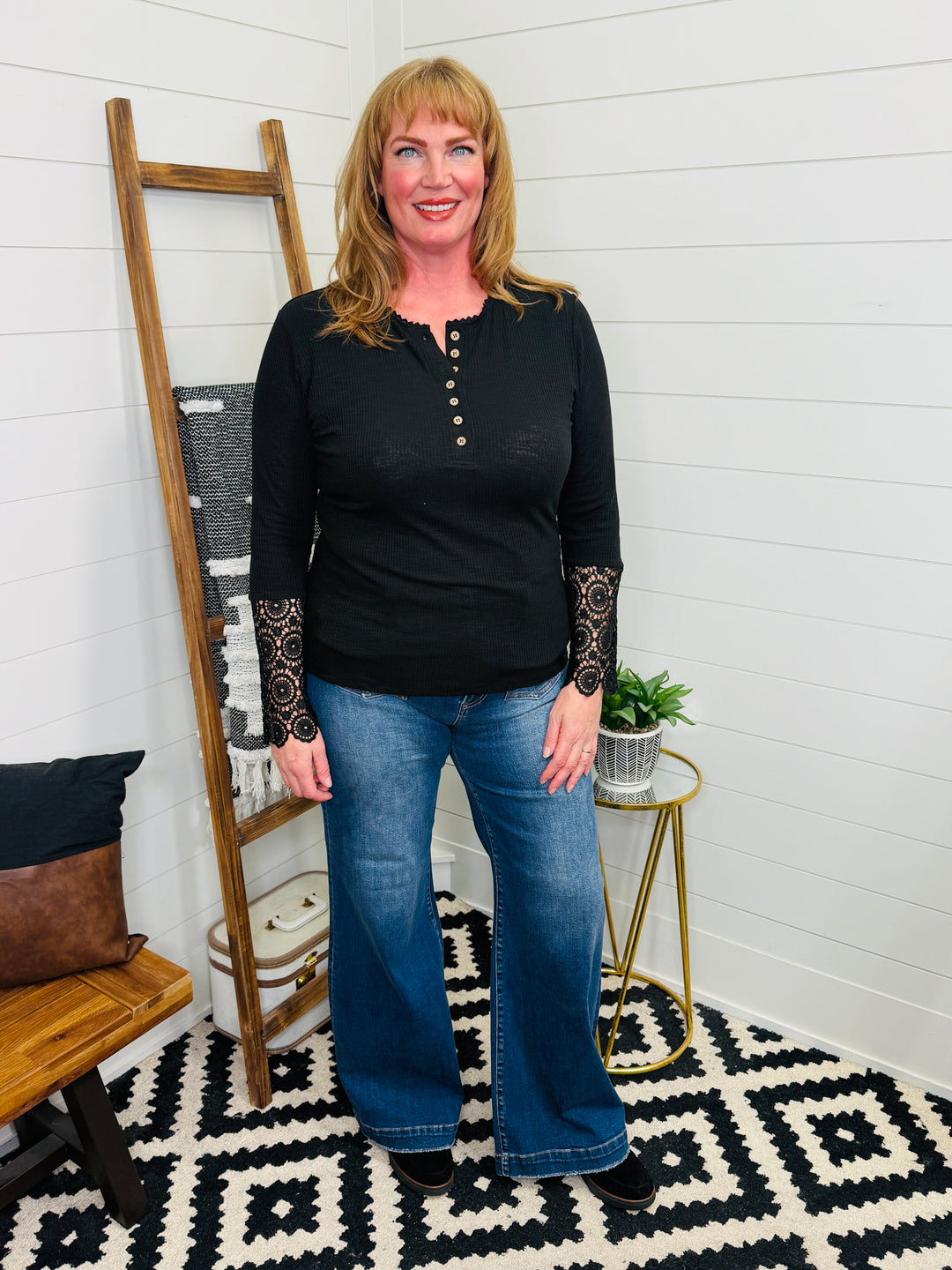 Crochet Lace Sleeve Long Sleeve Button Front Top