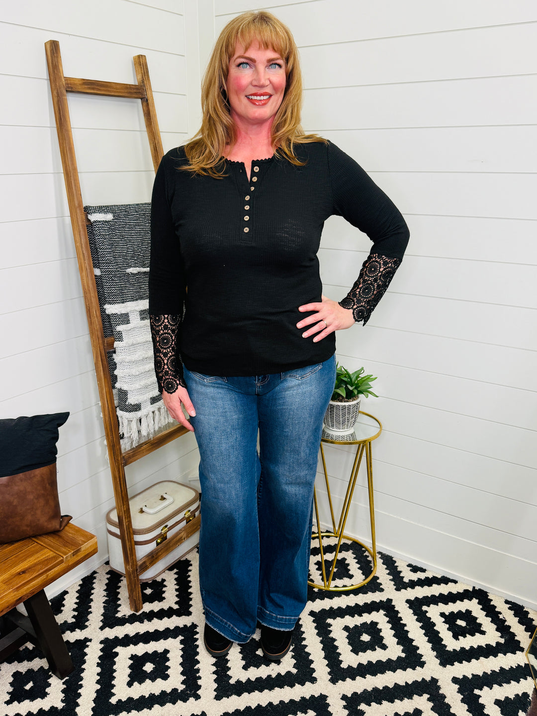 Crochet Lace Sleeve Long Sleeve Button Front Top