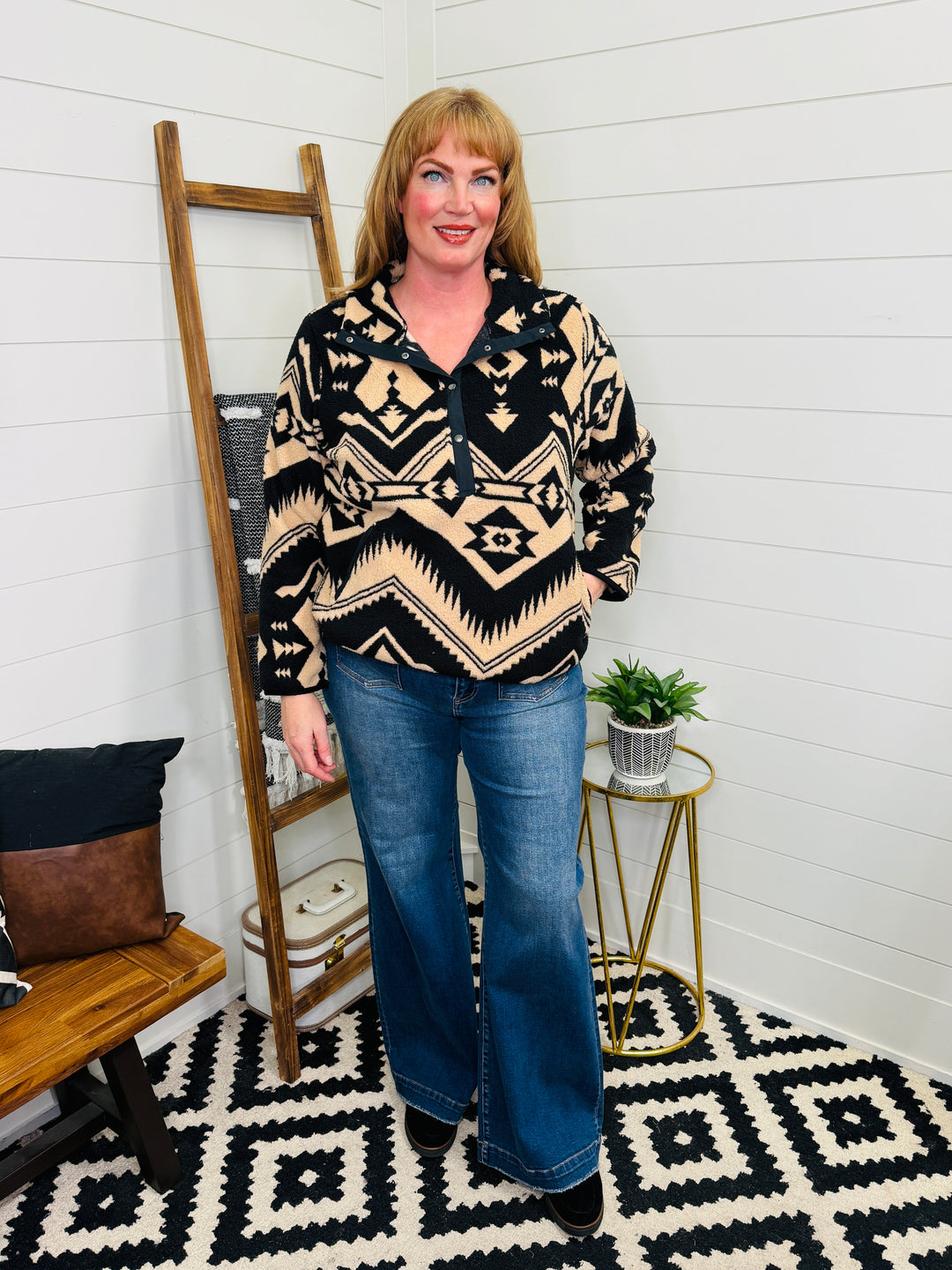 Western Aztec Half Front Snap Fleece Pullover : 2 Colors