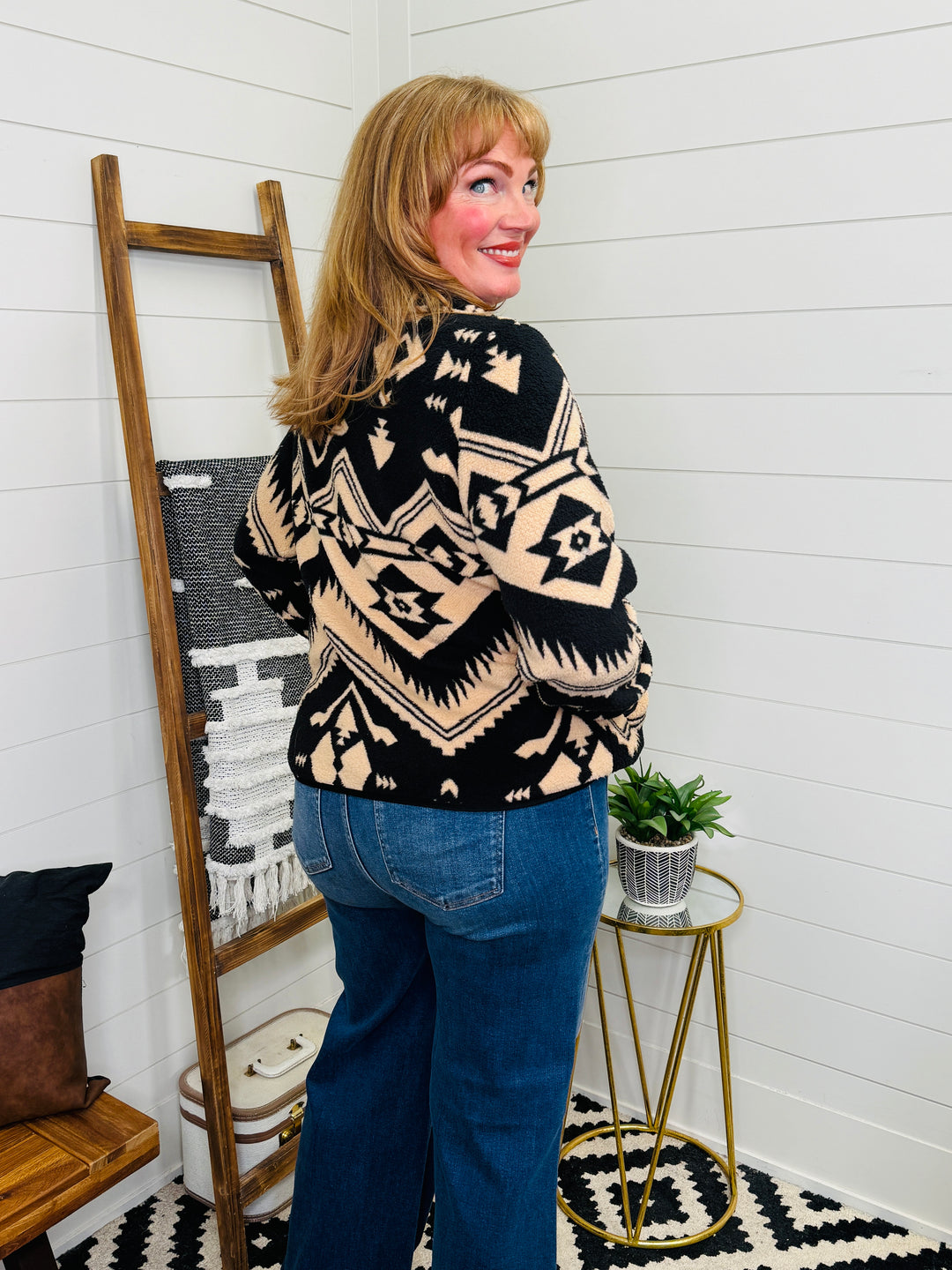 Western Aztec Half Front Snap Fleece Pullover : 2 Colors