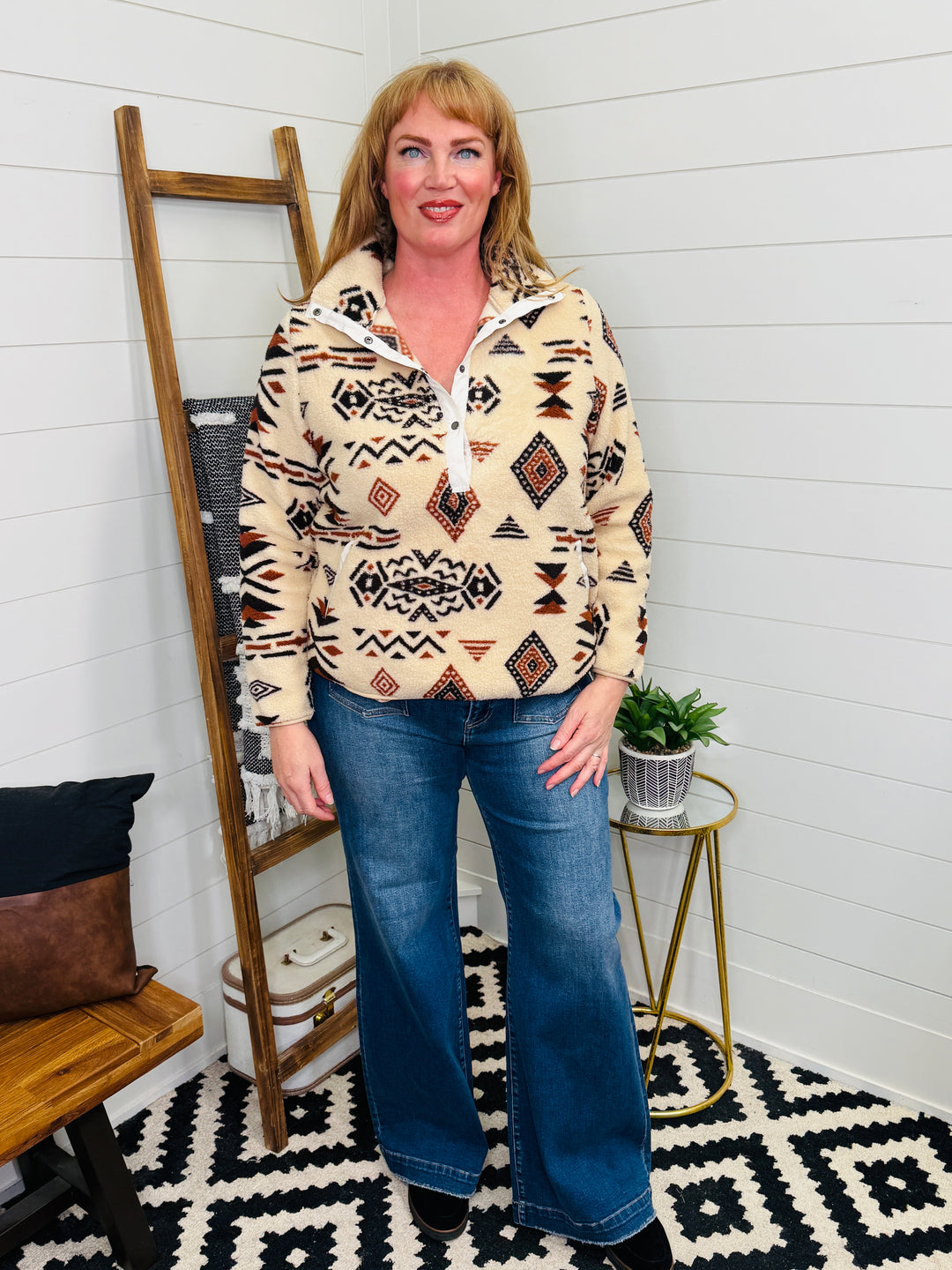 Western Aztec Half Front Snap Fleece Pullover : 2 Colors