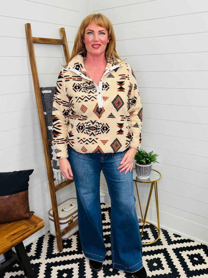 Western Aztec Half Front Snap Fleece Pullover : 2 Colors