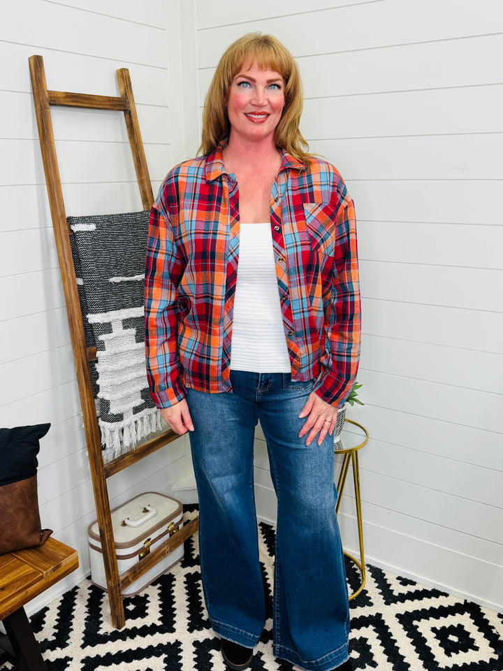 Red Plaid Collared Long Sleeve Shirt