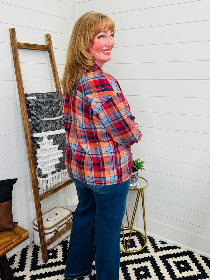 Red Plaid Collared Long Sleeve Shirt