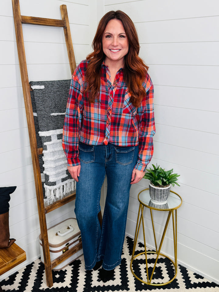 Red Plaid Collared Long Sleeve Shirt