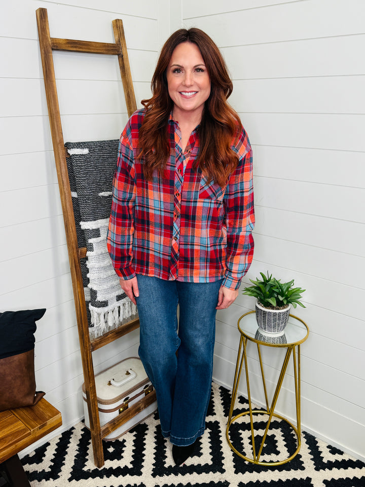 Red Plaid Collared Long Sleeve Shirt