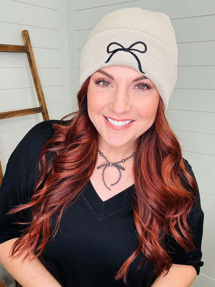 Bow Embroidered Beanie Hat