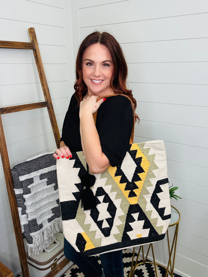 Pueblo Woven Pom Tassel Tote: 3 Colors
