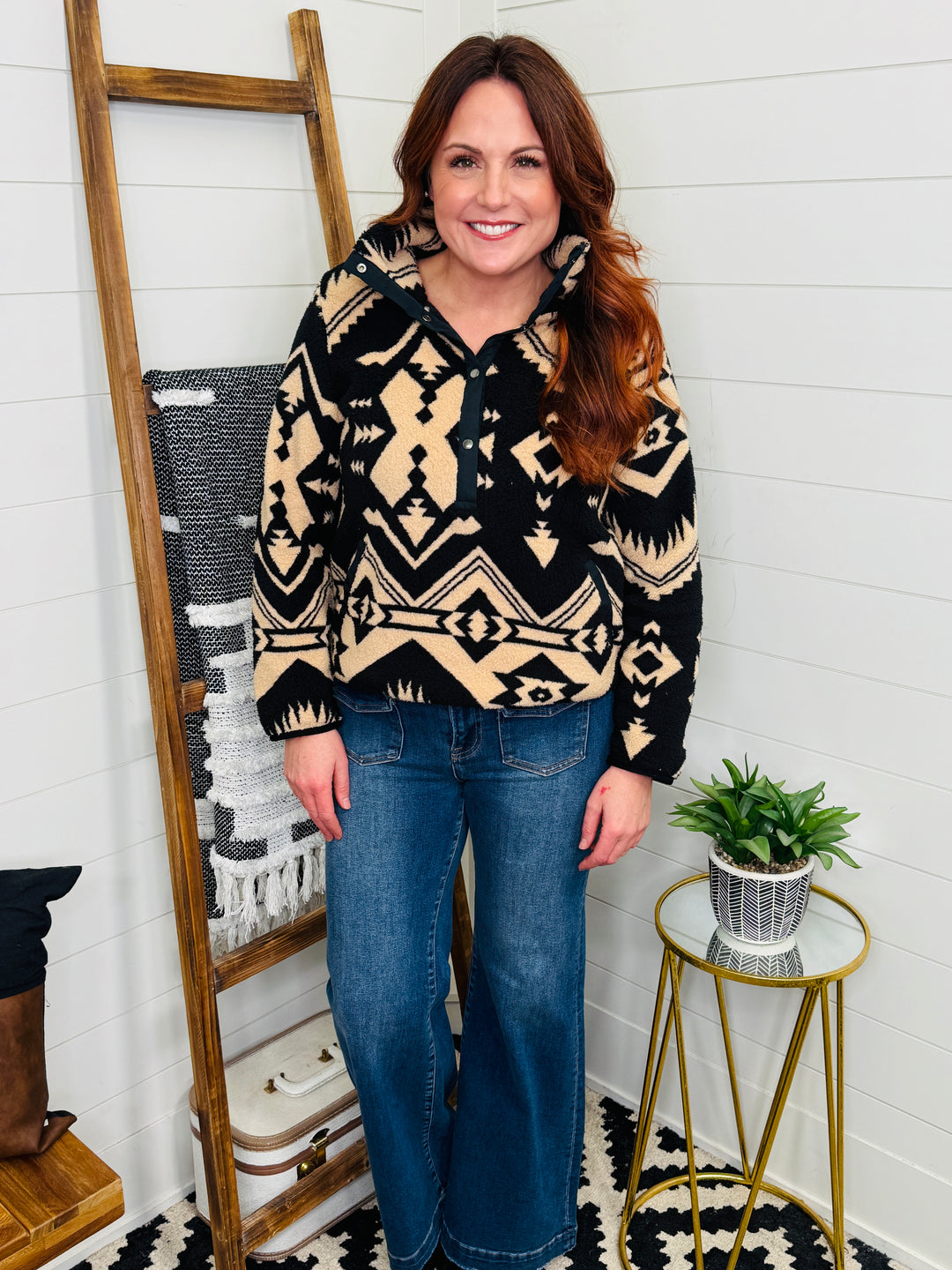 Western Aztec Half Front Snap Fleece Pullover : 2 Colors