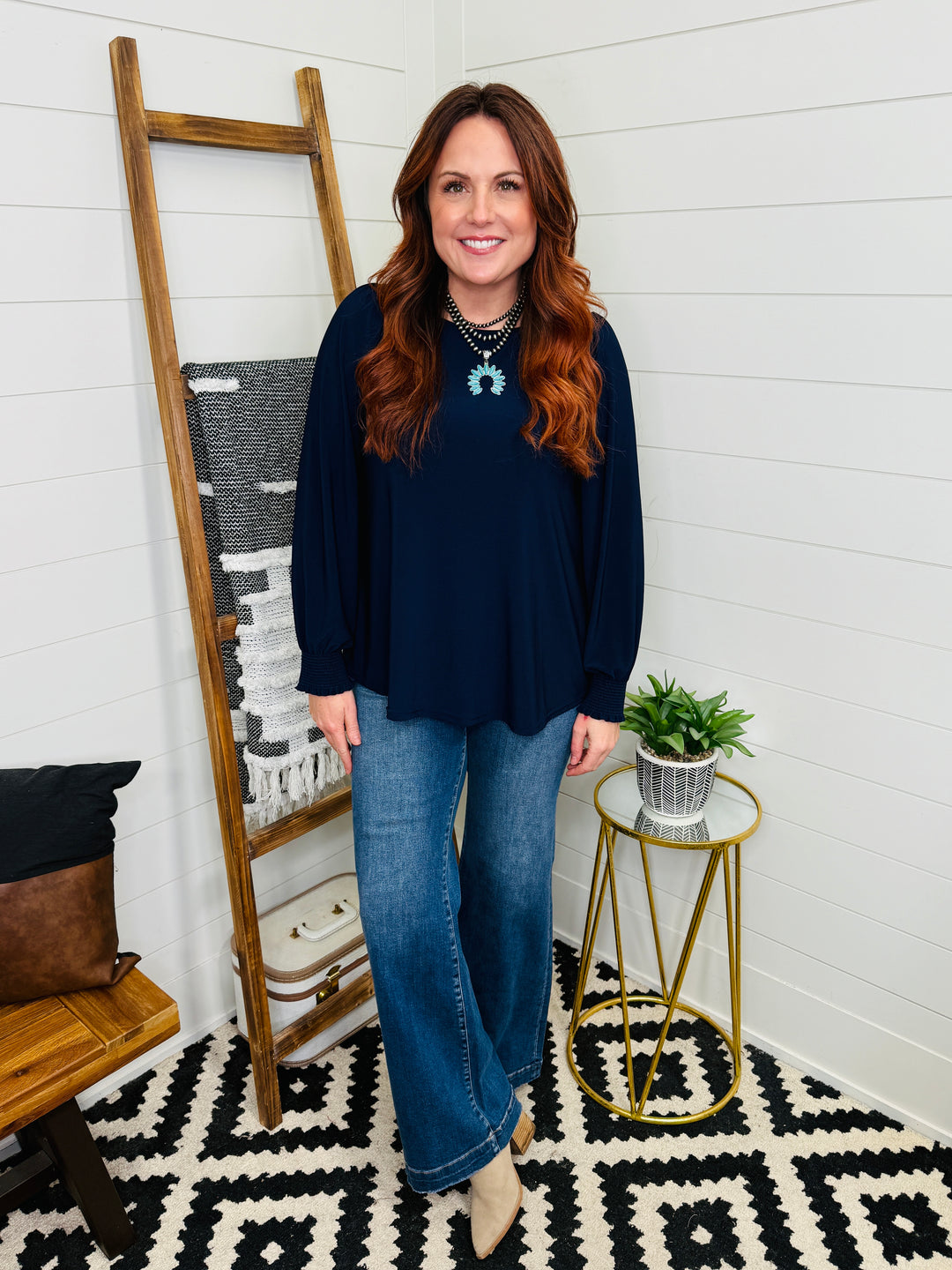 Navy Smocked Sleeve Tunic