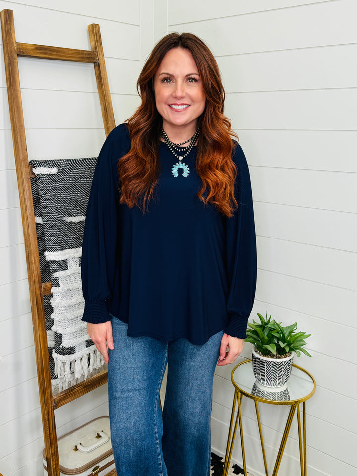 Navy Smocked Sleeve Tunic