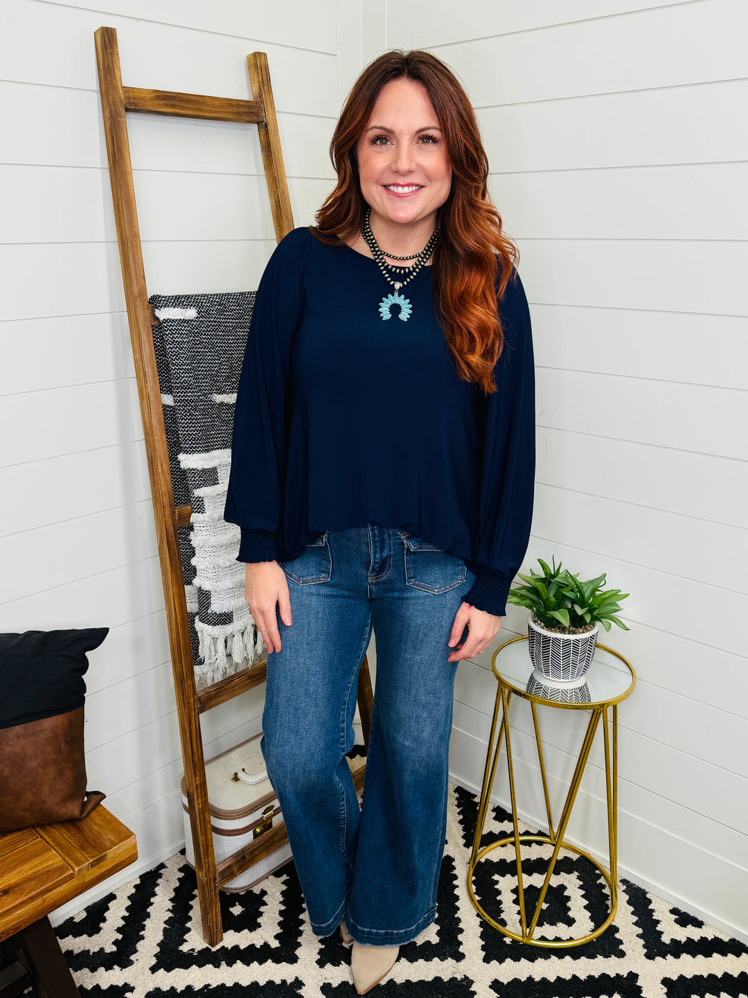 Navy Smocked Sleeve Tunic