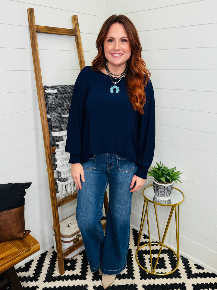 Navy Smocked Sleeve Tunic