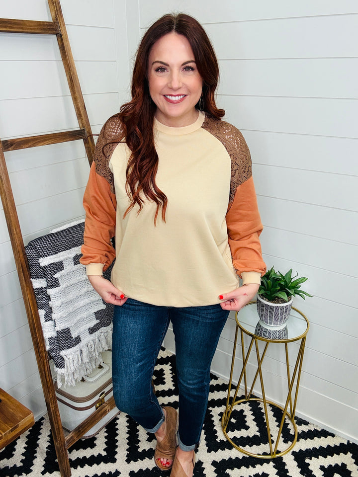 Neutral Colorblock Lace Sleeve Crewneck