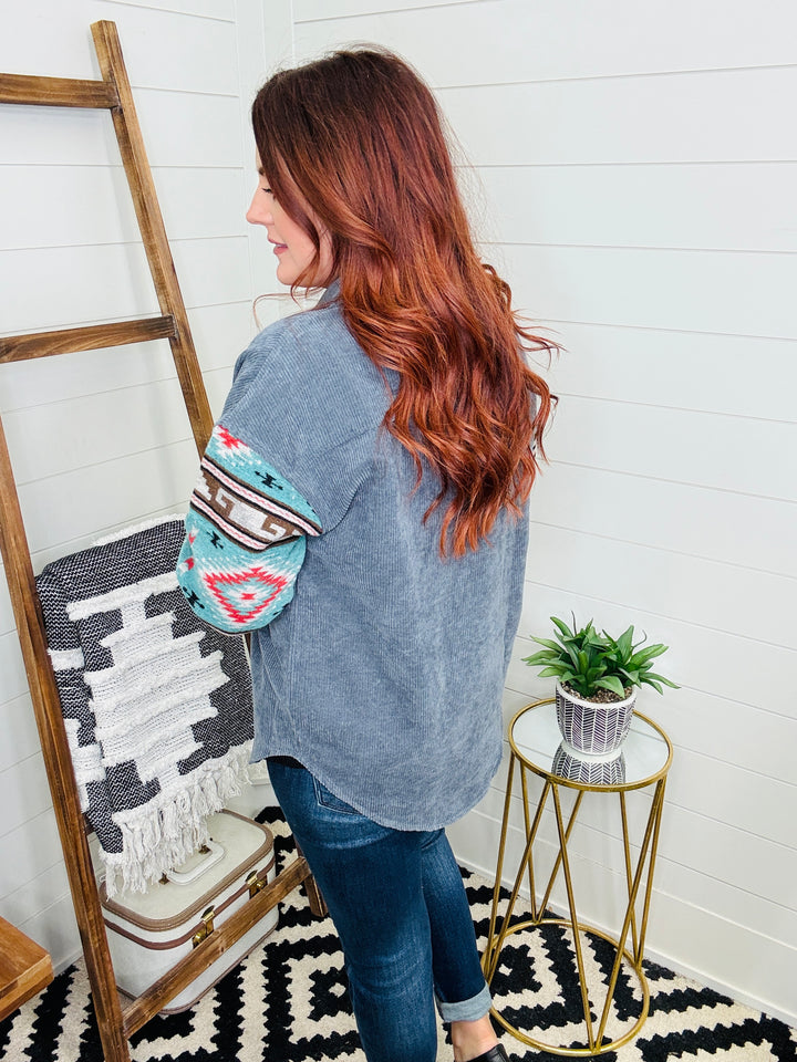 Outdoor Adventure Oversized Light Corduroy and Aztec Shacket