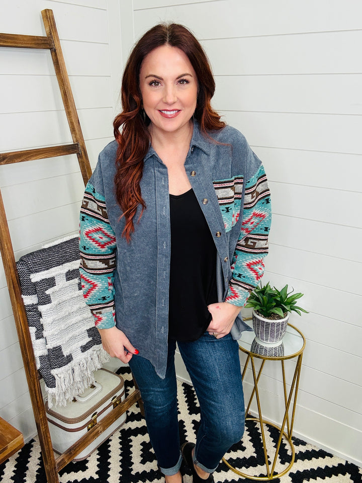 Outdoor Adventure Oversized Light Corduroy and Aztec Shacket