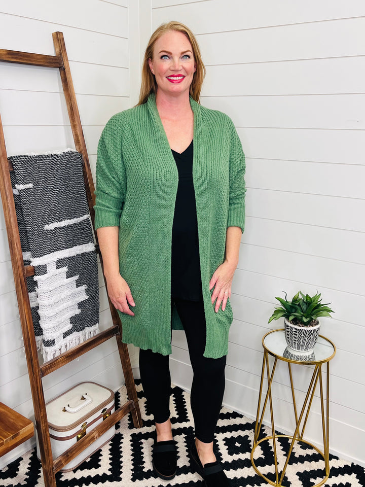 Green With Envy Long Open Front Cardigan