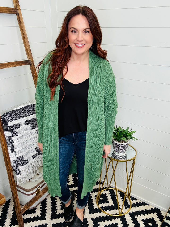 Green With Envy Long Open Front Cardigan