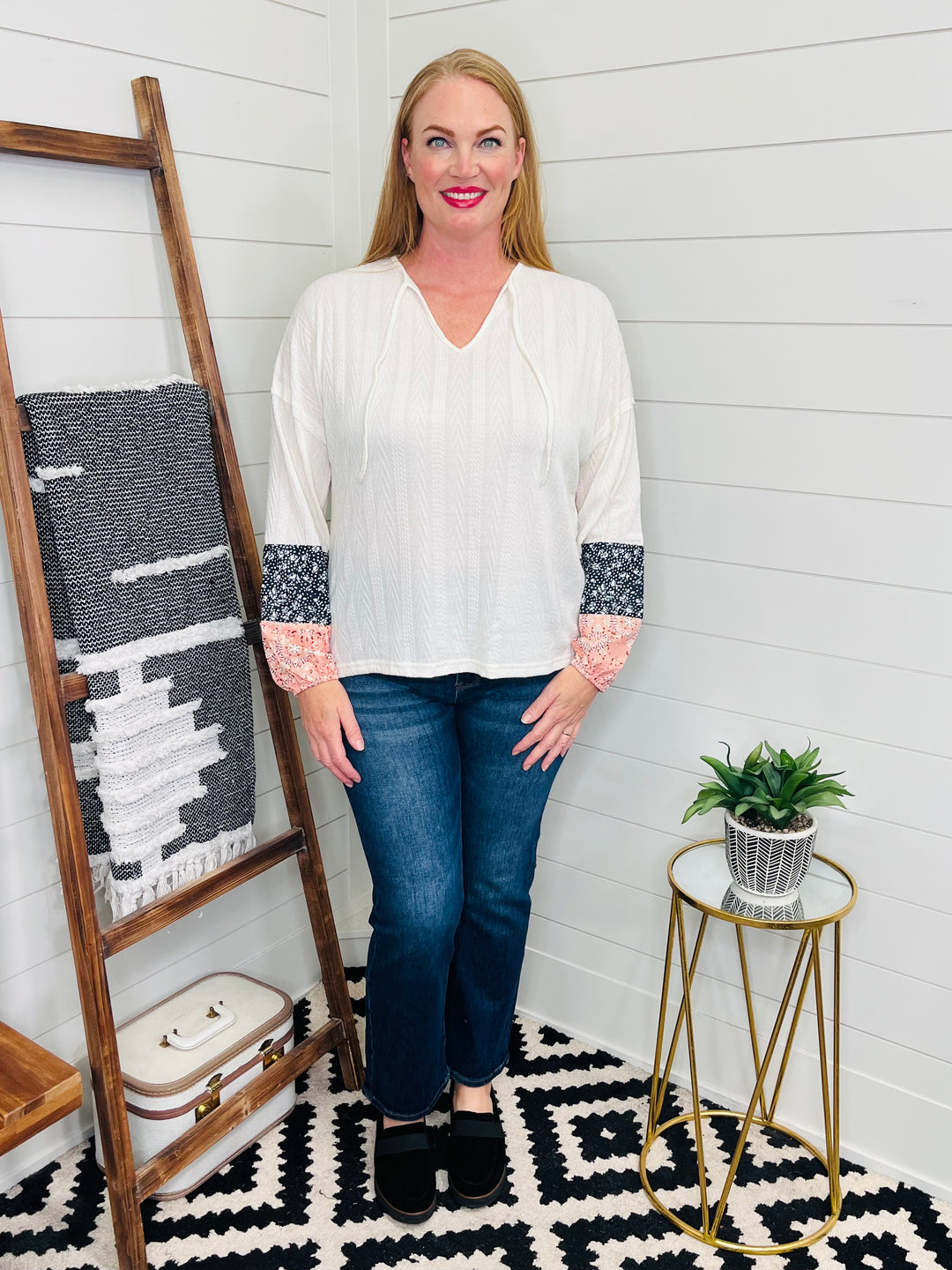 Patchwork Tie Neck Long Sleeve Top