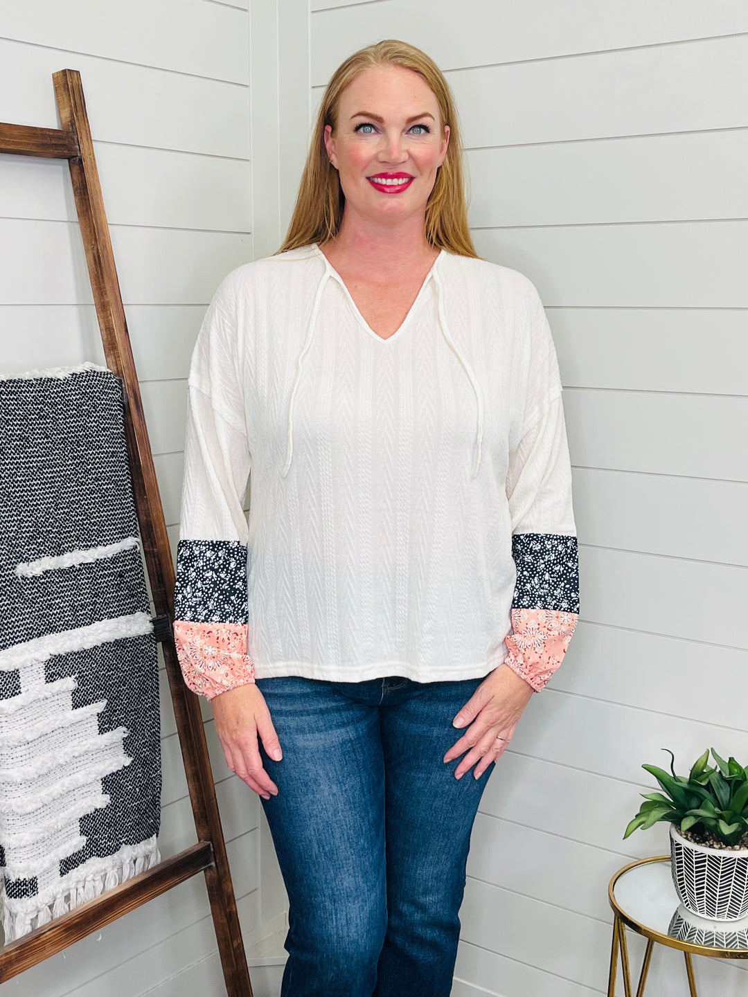 Patchwork Tie Neck Long Sleeve Top