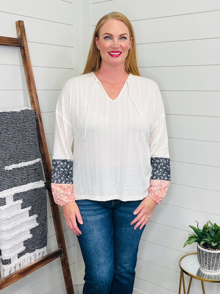 Patchwork Tie Neck Long Sleeve Top