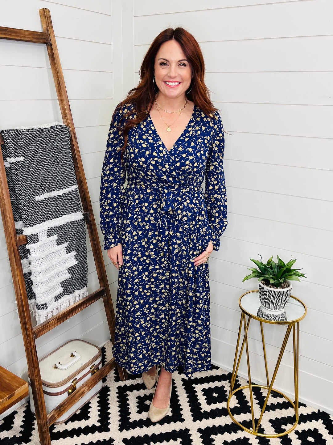 Navy Faux Wrap Flounce Sleeve Floral Midi Dress LoveLindsey Navy Faux Wrap Flounce Sleeve Floral Midi Dress LoveLindsey