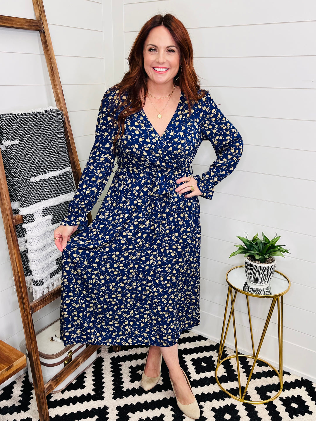 Navy Faux Wrap Flounce Sleeve Floral Midi Dress LoveLindsey Navy Faux Wrap Flounce Sleeve Floral Midi Dress LoveLindsey