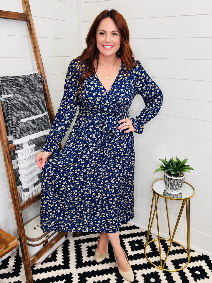 Navy Faux Wrap Flounce Sleeve Floral Midi Dress
