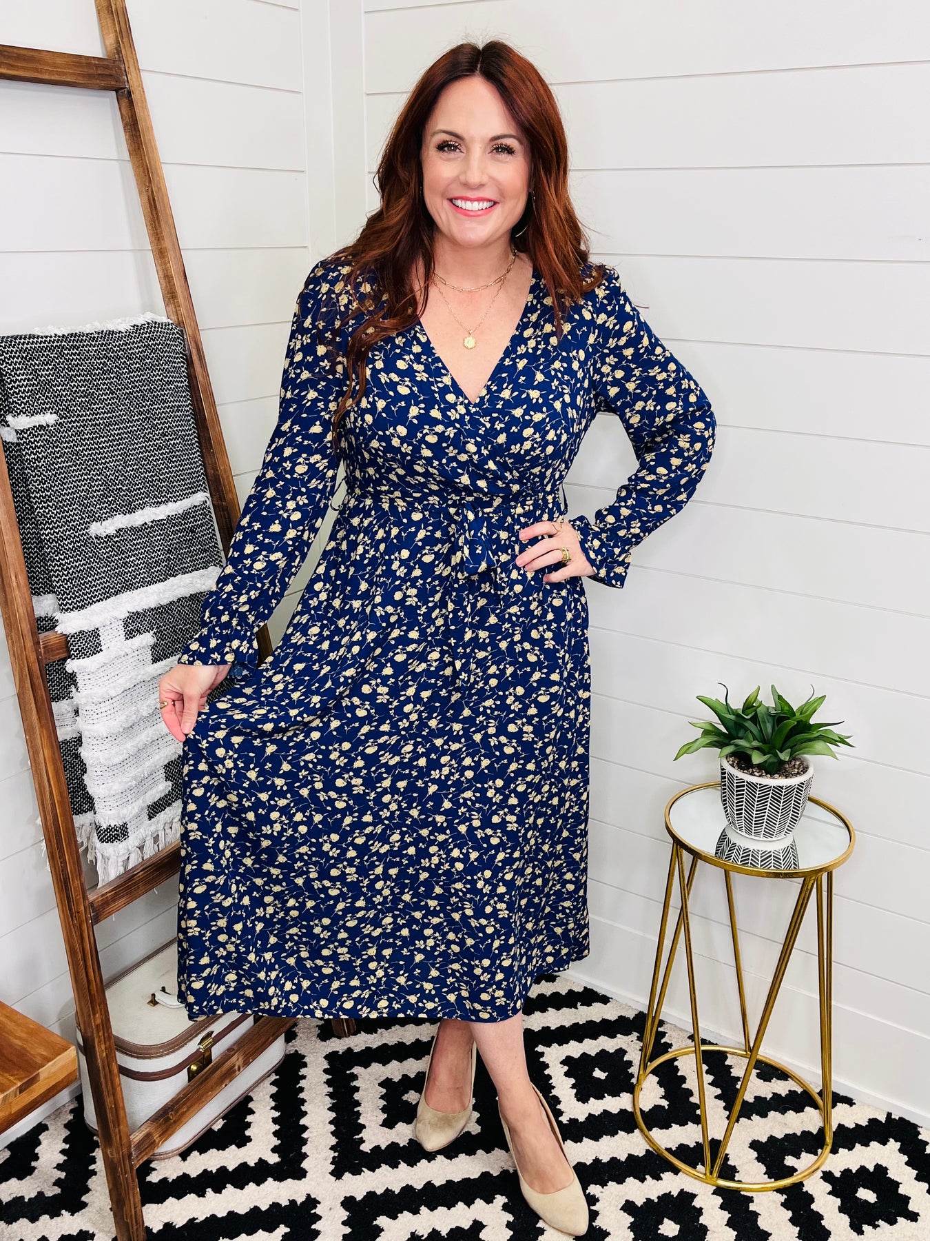 Navy Faux Wrap Flounce Sleeve Floral Midi Dress – LoveLindsey Navy Faux Wrap Flounce Sleeve Floral Midi Dress – LoveLindsey